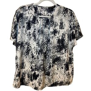 Banana Republic Black White Abstract Print Blouse L Short Sleeve Scoop Neck